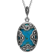 Silver Turquoise Marcasite Oval Art Deco Necklace P2125
