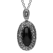 Silver Whitby Jet Marcasite Rounded Edge Oval Necklace P2118