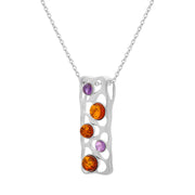 Sterling Silver Amber Amethyst Round Stone Open Oblong Necklace, P1643_2.