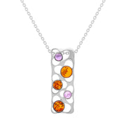 Sterling Silver Amber Amethyst Round Stone Open Oblong Necklace, P1643.