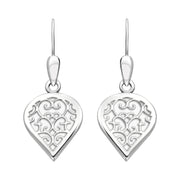 Sterling Silver Bauxite Flore Filigree Heart Drop Earrings. E2588.