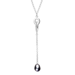 Sterling Silver Black Pearl Double Oval Drop Necklace, N695.