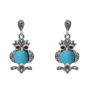 Sterling Silver Turquoise Marcasite and Garnet Owl Drop Earrings. E2237.