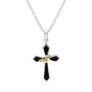 Sterling Silver Whitby Jet 9ct Yellow Gold Bat Cross Necklace P3676