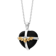 Sterling Silver Whitby Jet 9ct Yellow Gold Bat Medium Cross Heart Necklace