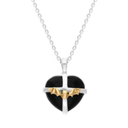 Sterling Silver Whitby Jet 9ct Yellow Gold Bat Medium Cross Heart Necklace P3677