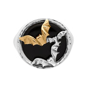 Sterling Silver Whitby Jet 9ct Yellow Gold Bat Round Ring