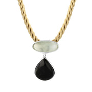 Sterling Silver Whitby Jet Aquamarine Large Oval Pear Drop Two Stone Drop Necklace, PUNQ0001414.