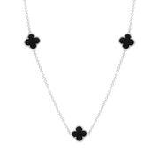 Sterling Silver Whitby Jet Bloom Four Leaf Clover Ball Edge Necklace