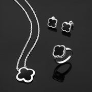Sterling Silver Whitby Jet Bloom Small Four Leaf Clover Polished Edge Pendant
