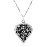 Sterling Silver Whitby Jet Flore Filigree Large Heart Necklace. P3631.