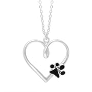 Sterling Silver Whitby Jet Heart Paw Print Necklace  P3614