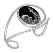 Sterling Silver Whitby Jet Moon Waves Lighthouse Cuff Bangle, B1263
