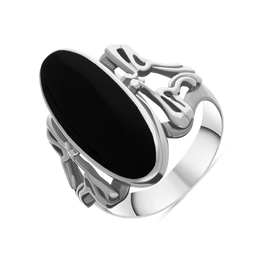 Sterling Silver Whitby Jet  Oval Carved Edge Ring, R110.