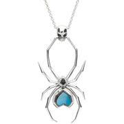 Sterling Silver Whitby Jet Turquoise Gothic Spider Skull Necklace, P2038.