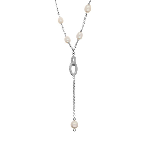 Sterling Silver White Pearl Oval Double Drop Necklace D
