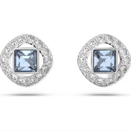 Swarovski Angelic Rhodium Plated Square Cut Blue Crystal Stud Earrings, 5662143