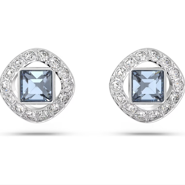 Swarovski Angelic Rhodium Plated Square Cut Blue Crystal Stud Earrings, 5662143