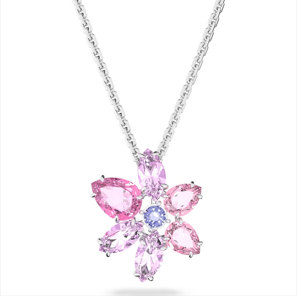 Swarovski Gema Rhodium Plated Flower Pink Crystal Necklace, 5662493