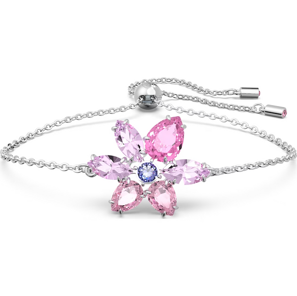 Swarovski Gema Rhodium Plated Flower Pink Crystal Bracelet, 5658396