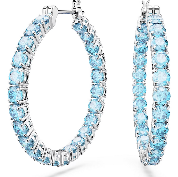 Swarovski Matrix Rhodium Plated Round Blue Crystal Hoop Earrings