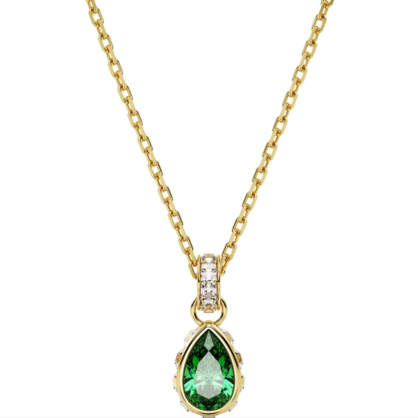 Swarovski Stilla Yellow Gold Tone Plated Peardrop Green Crystal Pendant Necklace