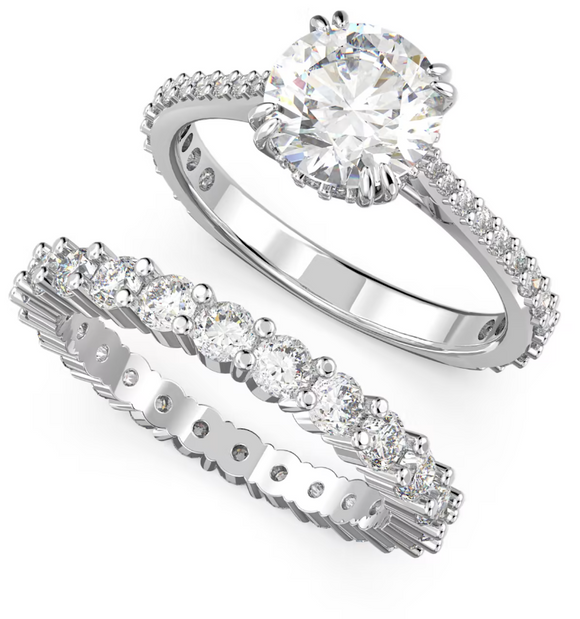 Swarovski Constella Rhodium Plated White Crystal Pave Two Piece Ring Set - Size 60 5649214