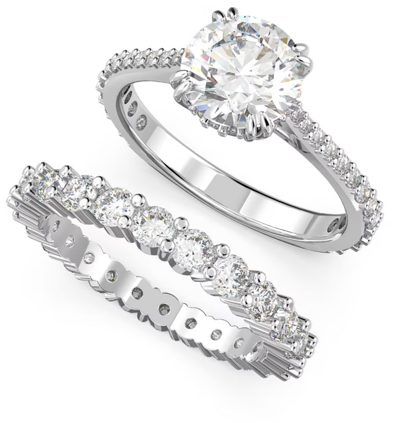 Swarovski Constella Rhodium Plated White Crystal Pave Two Piece Ring Set - Size 60 5649214