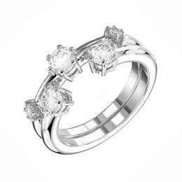 Swarovski Constella Rhodium Plated White Crystal Two Piece Ring Set Size 58