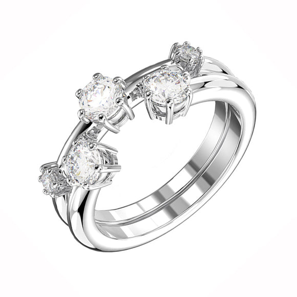 Swarovski Constella Rhodium Plated White Crystal Two Piece Ring Set Size 55