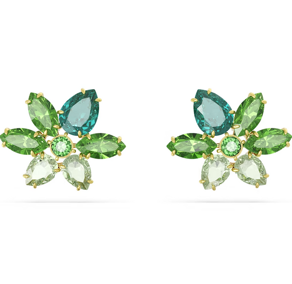 Swarovski Gema Yellow Gold Tone Plated Green Flower Stud Earrings 5658400