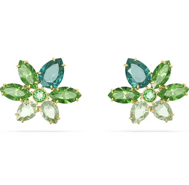 Swarovski Gema Yellow Gold Tone Plated Green Flower Stud Earrings 5658400