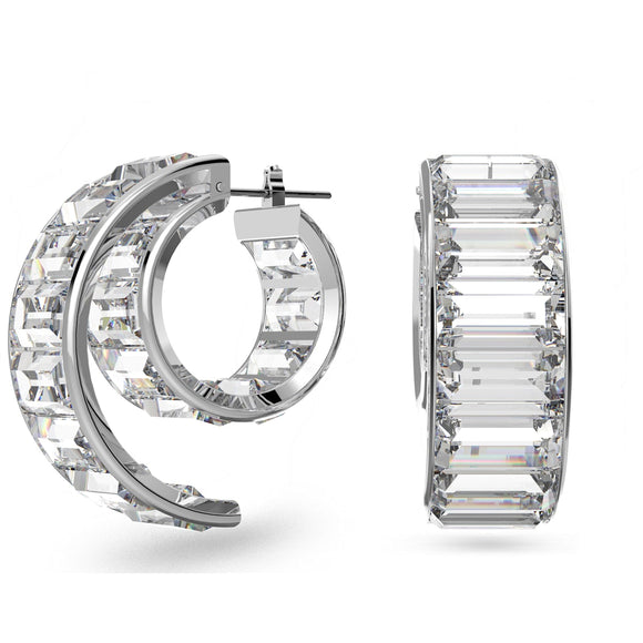 Swarovski Matrix Rhodium Plated White Crystal Baguette Cut Hoop Earrings, 5600776
