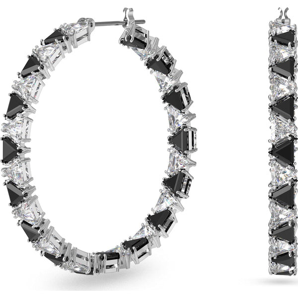 Swarovski Ortyx Rhodium Plated Black Crystal Triangle Cut Hoop Earrings, 5616911