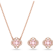 This beautiful Swarovski set from our Sparkling Dance collection impresses with its unique charm and will be a great addition to a jewelry collection. Both the pair of pierced earrings and the necklace feature a pink 'dancing' stone in the shape of a clover, which appears to float inside its rose-gold tone plated setting. A touch of clear crystal pavé adds an extra dose of that unique Swarovski sparkle. A lovely gift for yourself or a special someone.