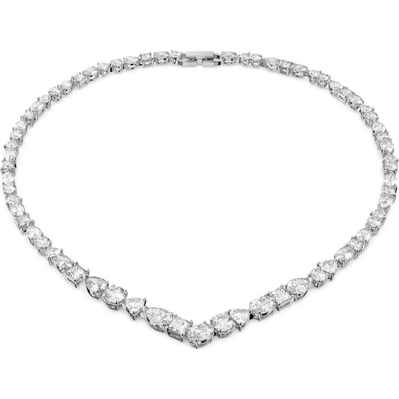 Swarovski Tennis Rhodium Plated White Crystal Mixed Cuts Deluxe V Necklace, 5556917