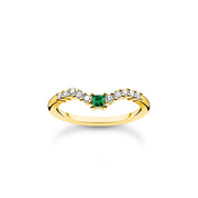 Thomas Sabo Charm Club Gold Plated Sterling Silver Green White Stone Ring, TR2395-472-6.