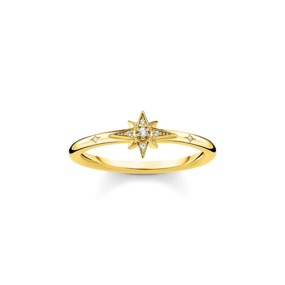 Thomas Sabo Charm Club Sterling Silver Yellow Gold Plated CZ Star Ring, TR2317-414-14-48.