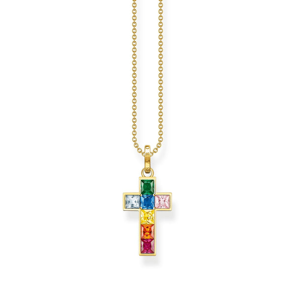Thomas Sabo Gold Plated Sterling Silver Colourful Stone Cross Necklace, KE2166-996-7-L45V.