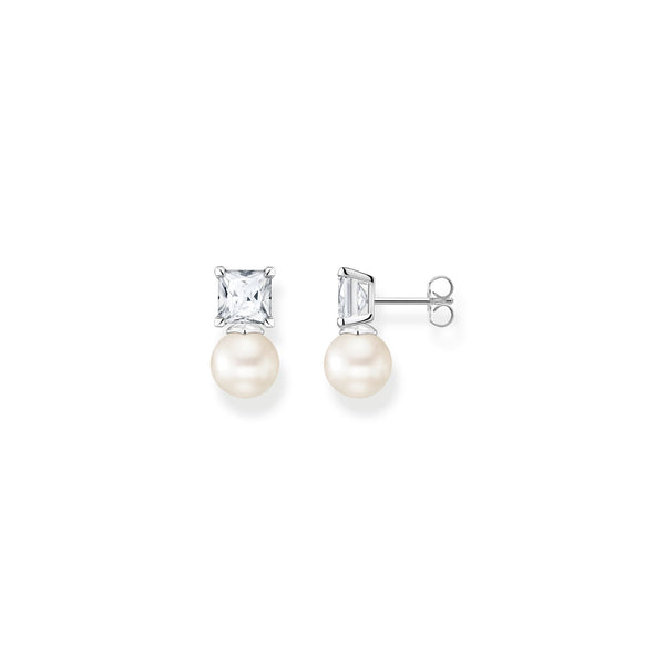 Thomas Sabo Sterling Silver Freshwater Pearl White Stone Stud Earrings, H2248-167-14.